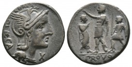 Roman Republic, P. Laeca, Denarius, Rome, 110-109 BC, 3.82g, 17mm. Helmeted head of Roma right / Roman warrior standing left, placing his hand above t...