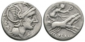 Roman Republic, L. Flaminius Chilo, Denarius, Rome, 109-108 BC, 3.75g, 17mm. Helmeted head of Roma right / Victory, holding wreath, driving biga right...