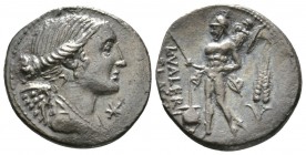 Roman Republic, L. Valerius Flaccus, Denarius, Rome, 108-107 BC, 3.82g, 19mm. Winged and draped bust of Victory right / Mars advancing left, holding s...