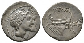Roman Republic, Mn. Fonteius, Serrate Denarius, 108-107 BC, 3.93g, 19mm. Jugate laureate heads of the Dioscuri right; two stars above / Galley right, ...