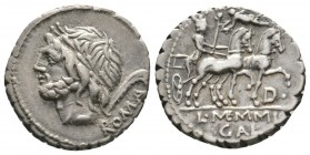 Roman Republic, L. Memmius Galeria, Serrate Denarius, Rome, 106 BC, 3.92g, 17mm. Laureate head of Saturn left; harpa to right / Venus driving biga rig...