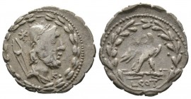 Roman Republic, Lucius Aurelius Cotta, Serrate Denarius, Rome, 105 BC, 3.76g, 19mm. Draped bust of Vulcan right, wearing laureate pileus; tongs to lef...