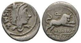 Roman Republic, L. Thorius Balbus, Denarius, Rome, 105 BC,3.46g, 18mm. Head of Juno Sospita right, wearing goat-skin / Bull charging right; Q above. C...