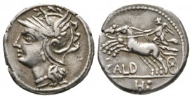 Roman Republic, C. Coelius Caldus, Denarius, Rome, 104 BC, 3.90g, 17mm. Helmeted head of Roma left / Victory in biga left; control mark in exergue. Cr...