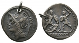 Roman Republic, Q. Thermus M.f., Denarius, Rome, 103 BC, 4.04g, 19mm. Helmeted head of Mars left / Two warriors engaged in combat, one protecting his ...
