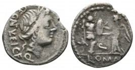 Roman Republic, C. Egnatuleius C.f., Quinarius, Rome, 97 BC, 1.55g, 15mm. Laureate head of Apollo / Victory standing left, inscribing shield attached ...