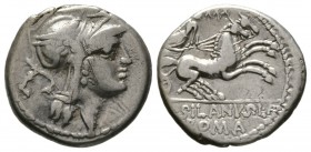 Roman Republic, D. Silanus L.f., Denarius, Rome, 91 BC, 3.70g, 17mm. Helmeted head of Roma right; L behind / Victory driving galloping biga right; XXX...