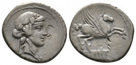 Roman Republic, Q. Titius, Denarius, Rome, 90 BC, 3.85g, 18mm. Head of young Bacchus (or Liber) right, wearing ivy wreath / Pegasus springing right fr...