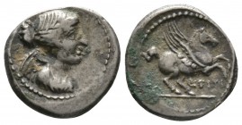 Roman Republic, Q. Titius, Quinarius, Rome, 90 BC, 2.25g, 14mm. Draped and winged bust of Victory right / Pegasus springing right. Cr. 341/3; RSC Titi...