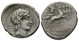 Roman Republic, C. Vibius C.f. Pansa, Denarius, Rome, 90 BC, 3.81g, 18mm. Laureate head of Apollo right / Minerva driving galloping quadriga right. Cr...