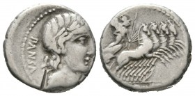 Roman Republic, C. Vibius C.f. Pansa, Denarius, Rome, 90 BC, 3.83g, 16mm. Laureate head of Apollo right / Minerva driving galloping quadriga right. Cr...