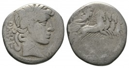 Roman Republic, C. Vibius C.f. Pansa, Denarius, Rome, 90 BC, 3.45g, 17mm. Laureate head of Apollo right / Minerva driving galloping quadriga right. Cr...