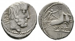 Roman Republic, L. Titurius L.f. Sabinus, Denarius, Rome, 89 BC, 3.87g, 18mm. Bare head of King Tatius right / Victory driving biga right; monogram in...