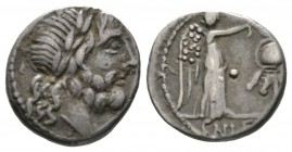 Roman Republic, Cn. Lentulus Clodianus, Quinarius, Rome, 88 BC, 1.94g, 13mm. Laureate head of Jupiter right / Victory standing right, crowning trophy....