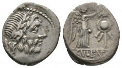 Roman Republic, Cn. Lentulus Clodianus, Quinarius, Rome, 88 BC, 1.84g, 14mm. Laureate head of Jupiter right / Victory standing right, crowning trophy....