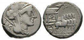 Roman Republic, L. Rubrius Dossenus, Denarius, Rome, 87 BC, 4.20g, 16mm. Veiled head of Juno right.; sceptre behind / Small Victory standing on triuph...