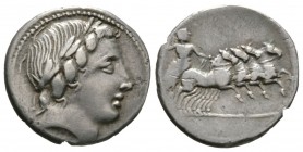 Roman Republic, Gargilius, Ogulnius and Vergilius, Denarius, Rome, c. 86 BC, 3.80g, 18mm. Head of Apollo Vejovis r., wearing oak wreath; [thunderbolt ...