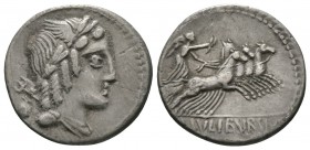 Roman Republic, L. Julius Bursio, Denarius, Rome, 85 BC, 3.97g, 18mm. Laureate, winged, and draped bust of Apollo Vejovis right; behind, trident above...