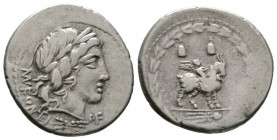 Roman Republic, Mn. Fonteius C.f., Denarius, Rome, 85 BC, 3.73g, 21mm. Laureate head of Vejovis (or Apollo) right; thunderbolt below / Infant winged G...