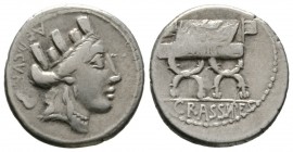 Roman Republic, P. Furius Crassipes, Denarius, Rome, 84 BC, 3.90g, 19mm. Turreted head of Cybele right; behind, foot upward / Curule chair. Cr. 356/1b...