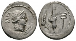 Roman Republic, C. Norbanus, Denarius, Rome, 83 BC, 3.82g, 19mm. Diademed head of Venus right; XXXX behind / Grain-ear, fasces and caduceus. Cr. 357/1...