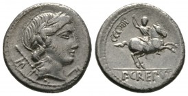 Roman Republic, Pub. Crepusius, Denarius, Rome, 82 BC, 3.52g, 17mm. Laureate head of Apollo right; sceptre and M to left; palm branch to lower right /...