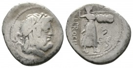 Roman Republic, L. Procilius, Rome, 80 BC, Denarius, 3.58g, 18mm. Laureate head of Jupiter right / Juno Sospita walking right, hurling spear and holdi...