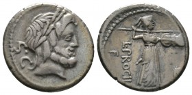 Roman Republic, L. Procilius, Rome, 80 BC, Denarius, 3.54g, 17mm. Laureate head of Jupiter right / Juno Sospita walking right, hurling spear and holdi...