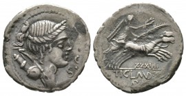 Roman Republic, Ti. Claudius Ti.f. Ap.n. Nero, Fourre Serrate Denarius, Rome, 79 BC, 3.22g, 18mm. Diademed and draped bust of Diana right, bow and qui...