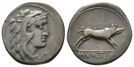 Roman Republic, M. Volteius M.f., Denarius, Rome, 75 BC, 4.09g, 18mm. Head of young Hercules right, wearing lion-skin headdress / Erymanthian Boar run...