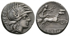 Roman Republic, L. Rutilius Flaccus, Denarius, Rome, 77 BC, 3.94g, 16mm. Helmeted head of Roma right, wearing peaked visor / Victory driving galloping...