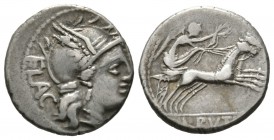 Roman Republic, L. Rutilius Flaccus, Denarius, Rome, 77 BC, 3.79g, 16mm. Helmeted head of Roma right, wearing peaked visor / Victory driving galloping...