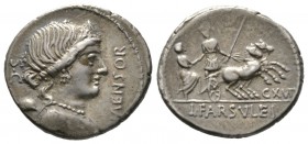 Roman Republic, L. Farsuleius Mensor, Denarius, Rome, 76 BC, 4.01g, 18mm. Diademed and draped bust of Libertas right / Roma holding spear and reins in...