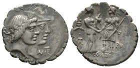 Roman Republic, Q. Fufius Calenus and Mucius Cordus, Serrate Denarius, Rome, 68 BC, 3.89g, 19mm. Jugate heads right of Honos, laureate and Virtus, wea...