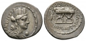 Roman Republic, M. Plaetorius M.f. Cestianus, Denarius, Rome, 57 BC, 3.94g, 19mm. Turreted and draped bust of Cybele right; forepart of lion behind, g...