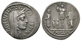 Roman Republic, L. Aemilius Lepidus Paullus, Denarius, Rome, 62 BC, 3.65g, 19mm. Veiled and diademed head of Concordia right / Trophy; to left, three ...