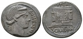 Roman Republic, L. Scribonius Libo, Denarius, Rome, 62 BC, 3.87g, 19mm. Diademed head of Bonus Eventus right / Puteal Scribonianum (Scribonian wellhea...