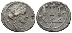Roman Republic, Faustus Cornelius Sulla, Denarius, Rome, 56 BC, 3.40g, 18mm. Laureate, diademed and draped bust of Venus right; sceptre behind / Three...
