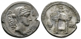 Roman Republic, Q. Cassius Longinus, Fourre Denarius, Rome, 55 BC, 2.74g, 18mm. Veiled head of Vesta right / Curule chair within temple of Vesta; urn ...