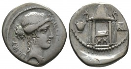 Roman Republic, Q. Cassius Longinus, Denarius, Rome, 55 BC, 3.67g, 17mm. Head of Libertas right / Curule chair within temple of Vesta; urn to left, vo...