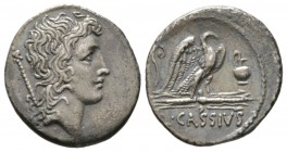 Roman Republic, Q. Cassius Longinus, Rome, Denarius, 55 BC, 3.78g, 18mm. Head of Bonus Eventus (or Genius Populi Romani?) right; sceptre behind / Eagl...