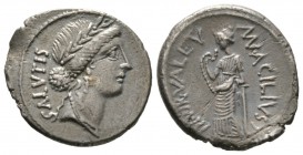 Roman Republic, Man. Acilius Glabrio, Denarius, Rome, 49 BC, 3.81g, 19mm. Laureate head of Salus right / Salus standing left against column, holding s...