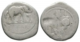 Roman Republic, Julius Caesar, Denarius, military mint traveling with Caesar, April-August 49 BC, 3.47g, 18mm. Elephant advancing right, trampling on ...