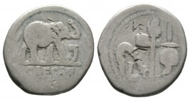 Roman Republic, Julius Caesar, Denarius, military mint traveling with Caesar, April-August 49 BC, 3.48g, 17mm. Elephant advancing right, trampling on ...