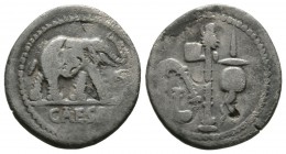 Roman Republic, Julius Caesar, Denarius, military mint traveling with Caesar, April-August 49 BC, 3.57g, 18mm. Elephant advancing right, trampling on ...