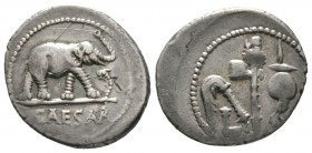 Roman Republic, Julius Caesar, Denarius, military mint traveling with Caesar, April-August 49 BC, 3.73g, 18mm. Elephant advancing right, trampling on ...
