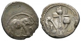 Roman Republic, Julius Caesar, Denarius, military mint traveling with Caesar, April-August 49 BC, 3.51g, 17mm. Elephant advancing right, trampling on ...