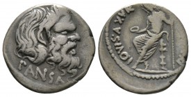 Roman Republic, C. Vibius C.f. C.n. Pansa Caetronianus, Denarius, Rome, 48 BC, 3.62g, 17mm. Mask of Pan right / Jupiter Auxurus seated left, holding p...