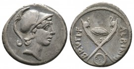 Roman Imperatorial, Albinus Bruti f., Denarius, Rome, 48 BC, 3.82g, 17mm. Helmeted head of young Mars right / Two carnyces (Gallic trumpets) in saltir...