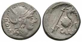 Roman Imperatorial, T. Carisius, Denarius, Rome, 46 BC, 3.96g, 16mm. Head of Roma right, wearing ornate crested helmet / Sceptre, cornucopia on globe ...